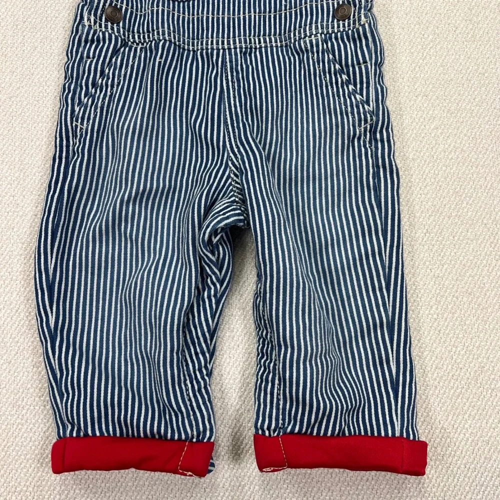 OshKosh B'gosh Overalls Kids 12M Blue Hickory Stripe Cuffed Jersey Lined Bibs